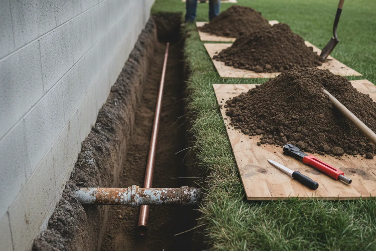 Excavated water line trench during Sewer Line Repair in Lone Tree